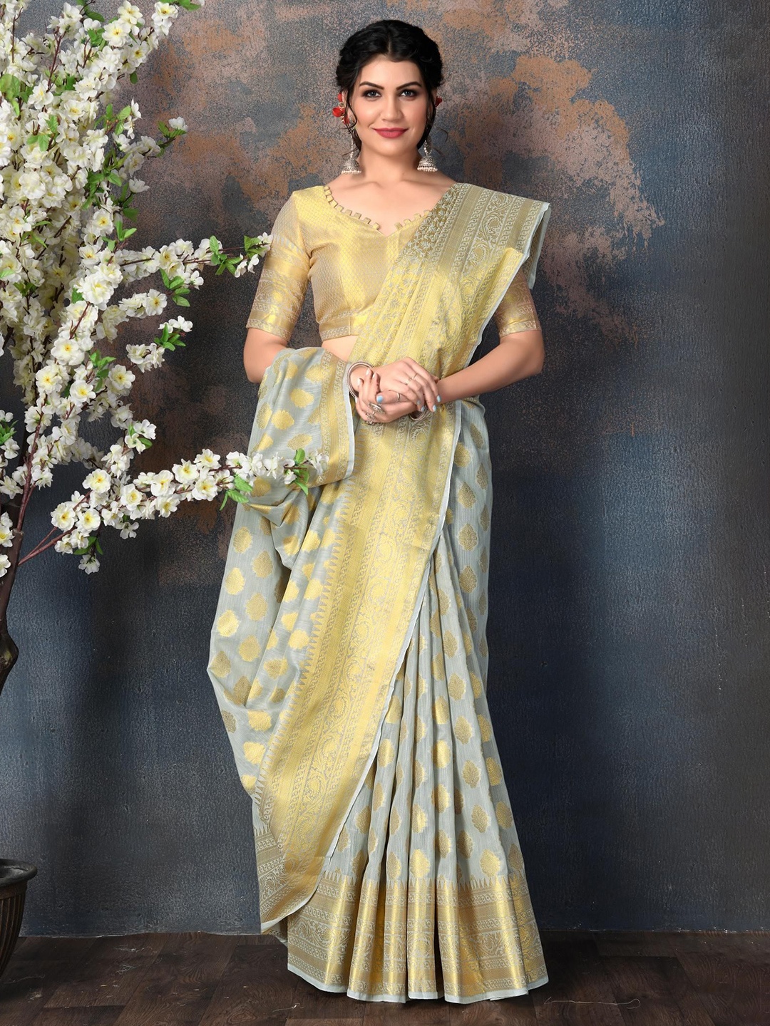 

Areca Designer Ethnic Motifs Zari Linen Blend Banarasi Saree, Grey