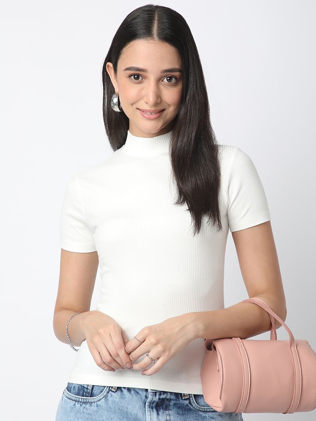 

R&B Women Solid High Neck Top, White