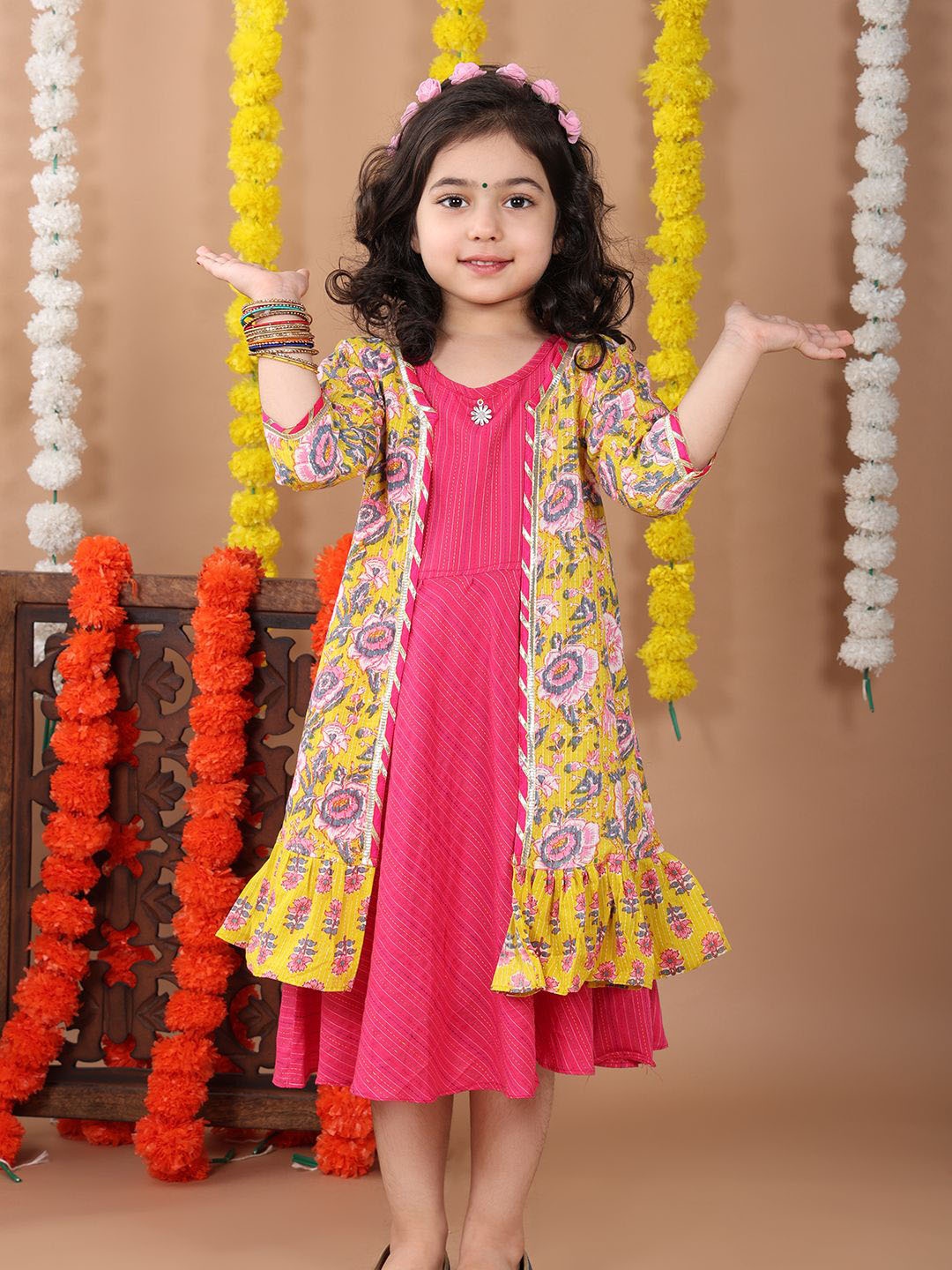 

Here&Now X Kinder Kids Sleeveless Maxi Fit & Flared Cotton Ethnic Dress With Jacket, Pink