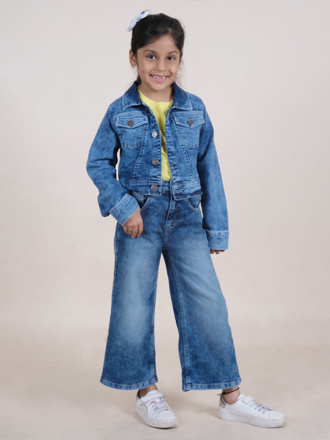 

KiddoPanti Girls Round Neck T-Shirt with Jeans and Jacket, Yellow
