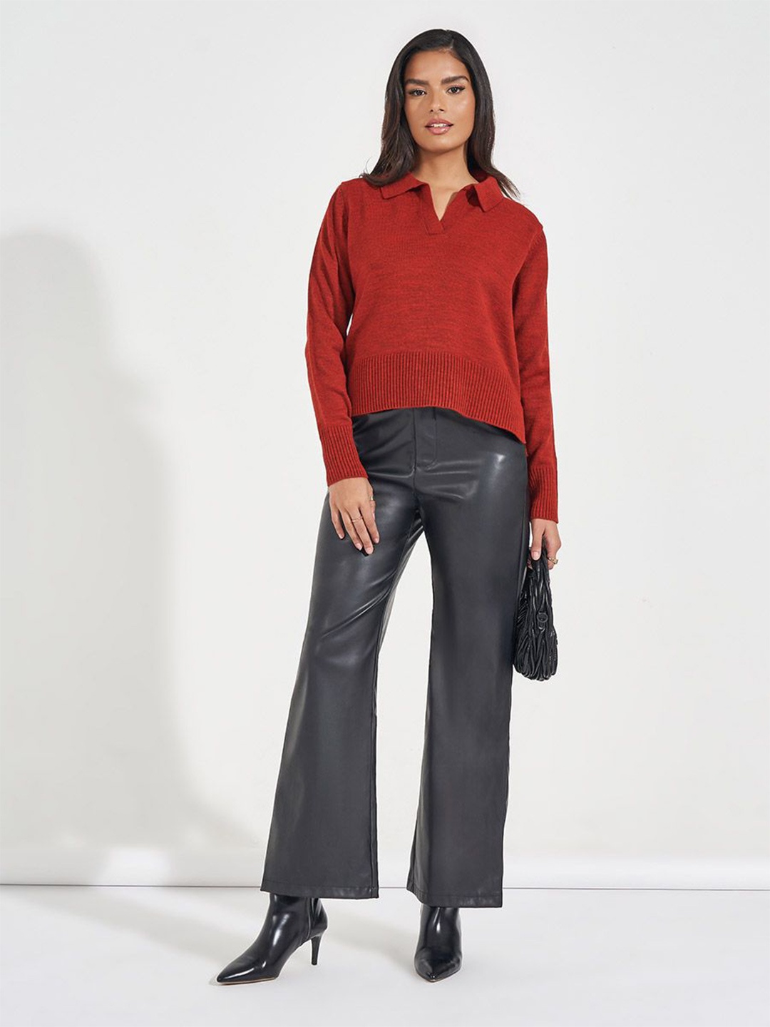 

Styli Women Solid Short Length Regular Fit Collar Sweater, Orange