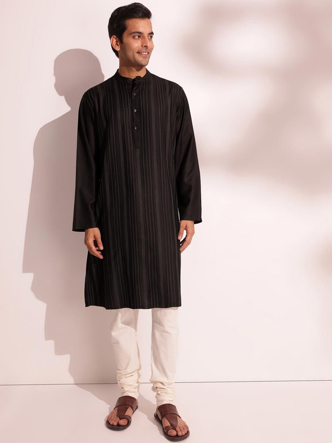 

Fabindia Striped Band Collar Long Sleeves Thread Work Regular Straight Kurta, Black