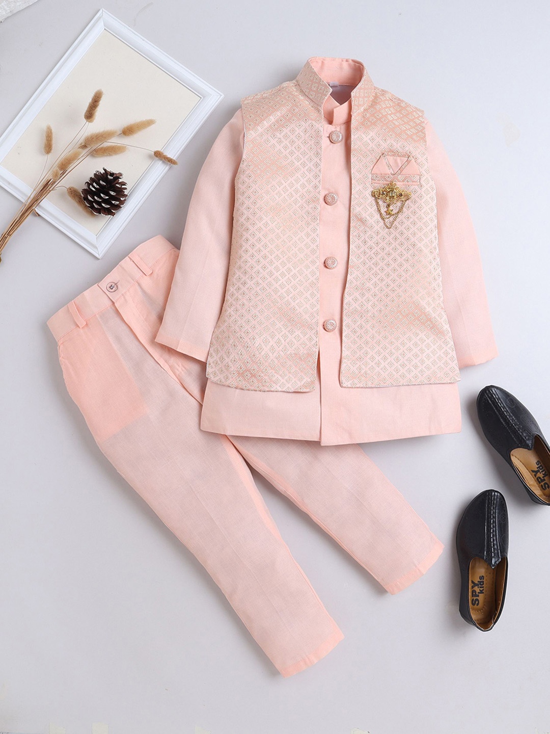 

BAESD Boys Mandarin Collar Dupion Silk Kurta With Trousers & Waistcoat, Pink