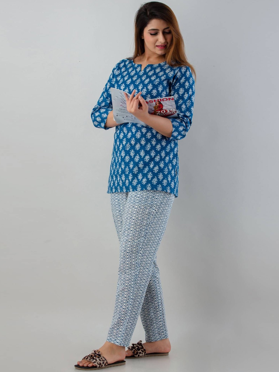 

P3D CREATION Printed Pure Cotton Tunic & Trousers Co-ords Set, Blue