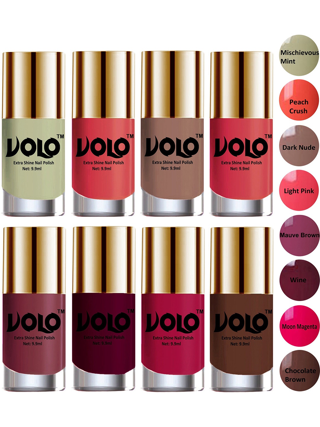 

VOLO Set Of 8 New Look Extra Lasting Nail Polish - 9.9 ml Each - Combo-No-09, Multi