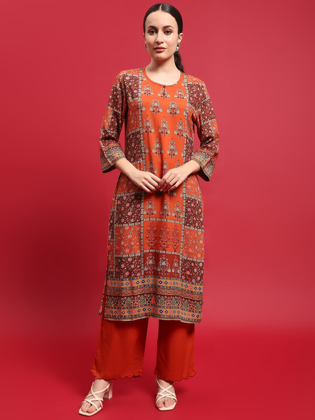 

Shree Ethnic Motifs Printed Liva Straight Kurta with Trousers, Orange