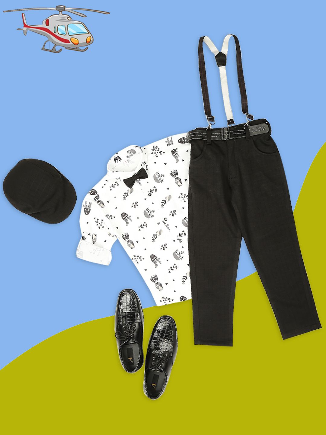 

YK Boys Printed Shirt Collar Neck Cotton Blend Shirt & Trousers & Suspender With Bow Tie, White