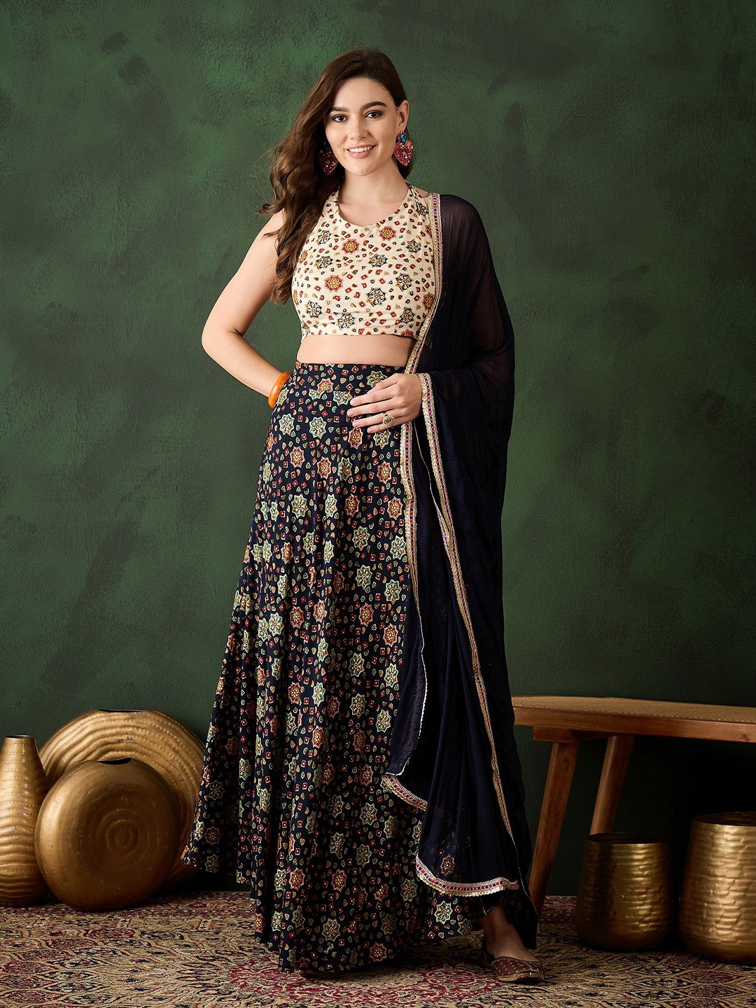 

Sangria Floral Printed Lehenga Choli With Dupatta, Navy blue