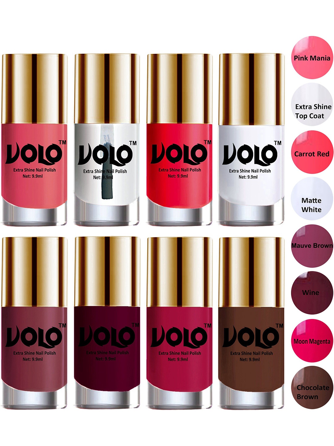 

VOLO Set Of 8 Extra Shine Nail Polish 9.9 ml Each Combo 39, Pink