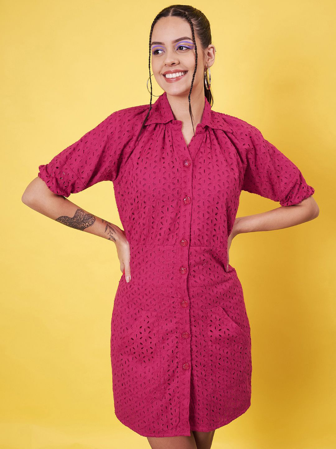 

Kannan Women Puff Sleeve Schiffli Shirt Dress, Pink