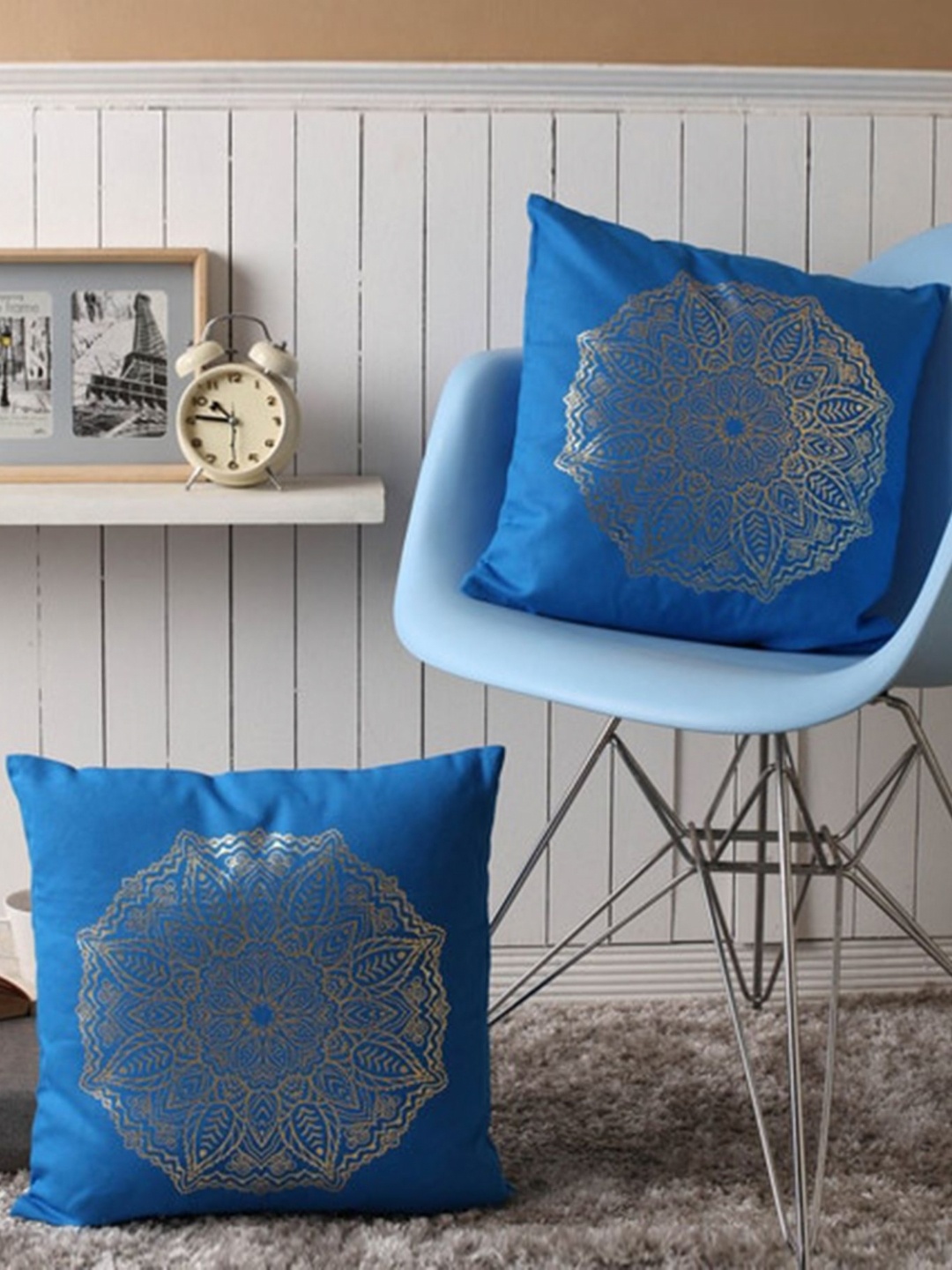 

Lushomes Blue & Gold Toned 2 Pieces Ethnic Motifs Printed Cotton Square Cushion Covers