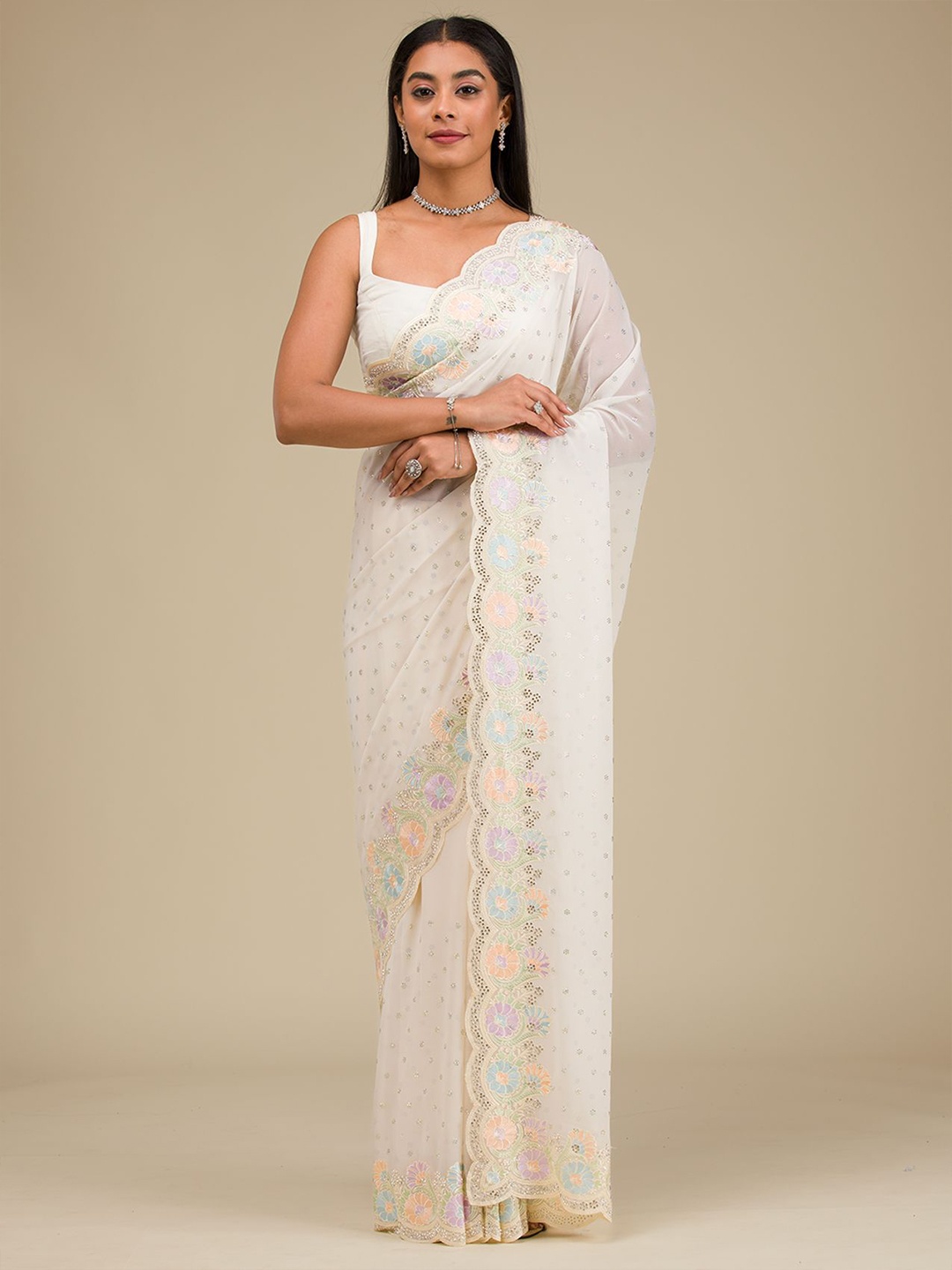 

Koskii Floral Embroidered Pure Georgette Saree, White
