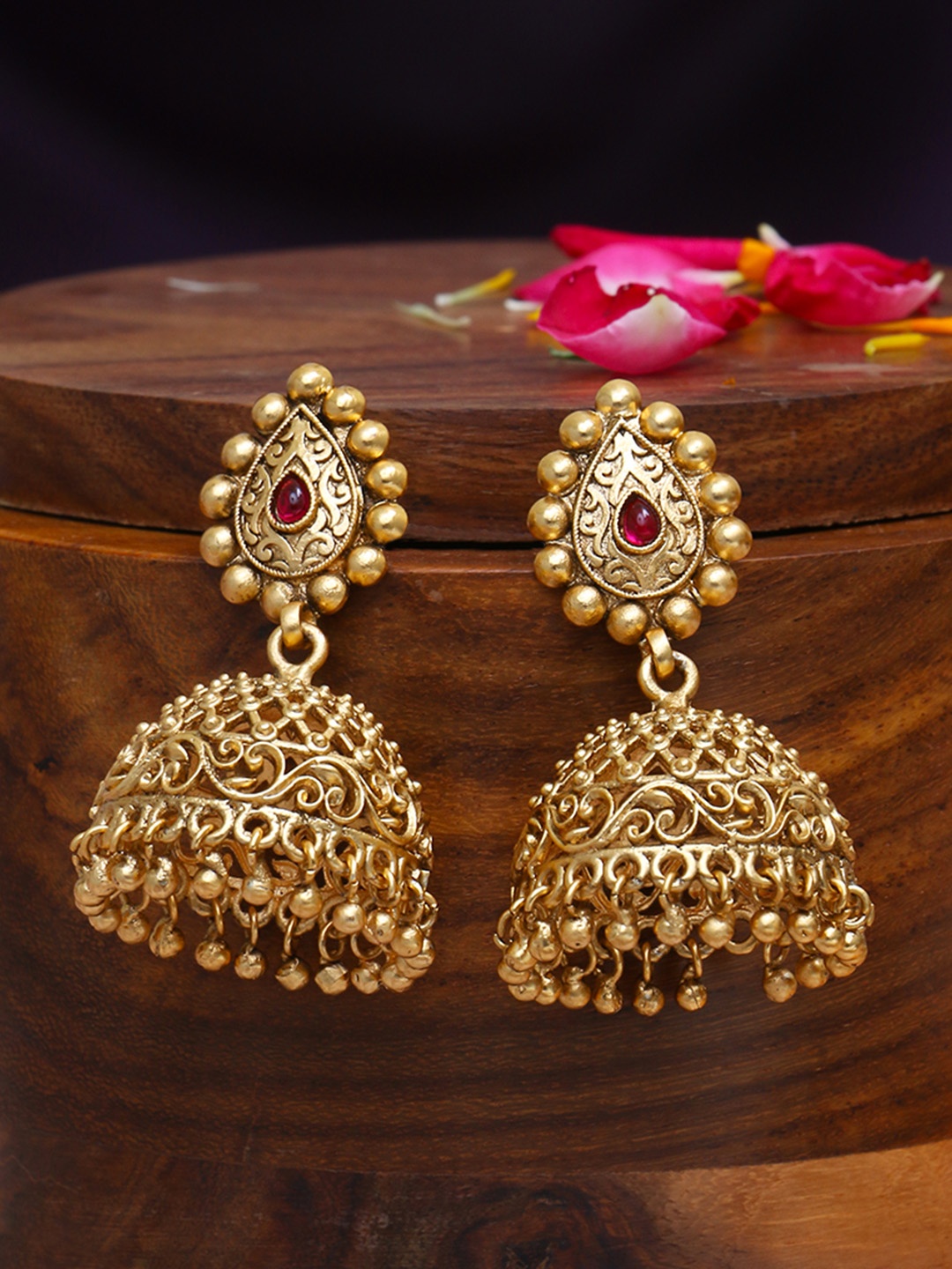 

Anouk Red Gold Plated Pearl Beaded Dome Shaped Jhumkas