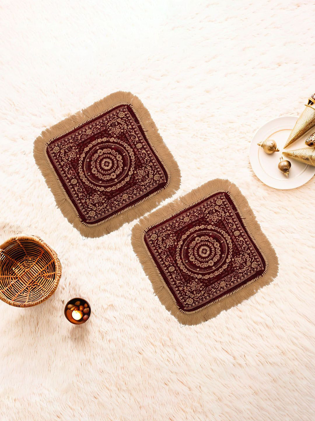 

Kuber Industries Maroon & Brown 2 Pieces Floral Printed Prayer Mats