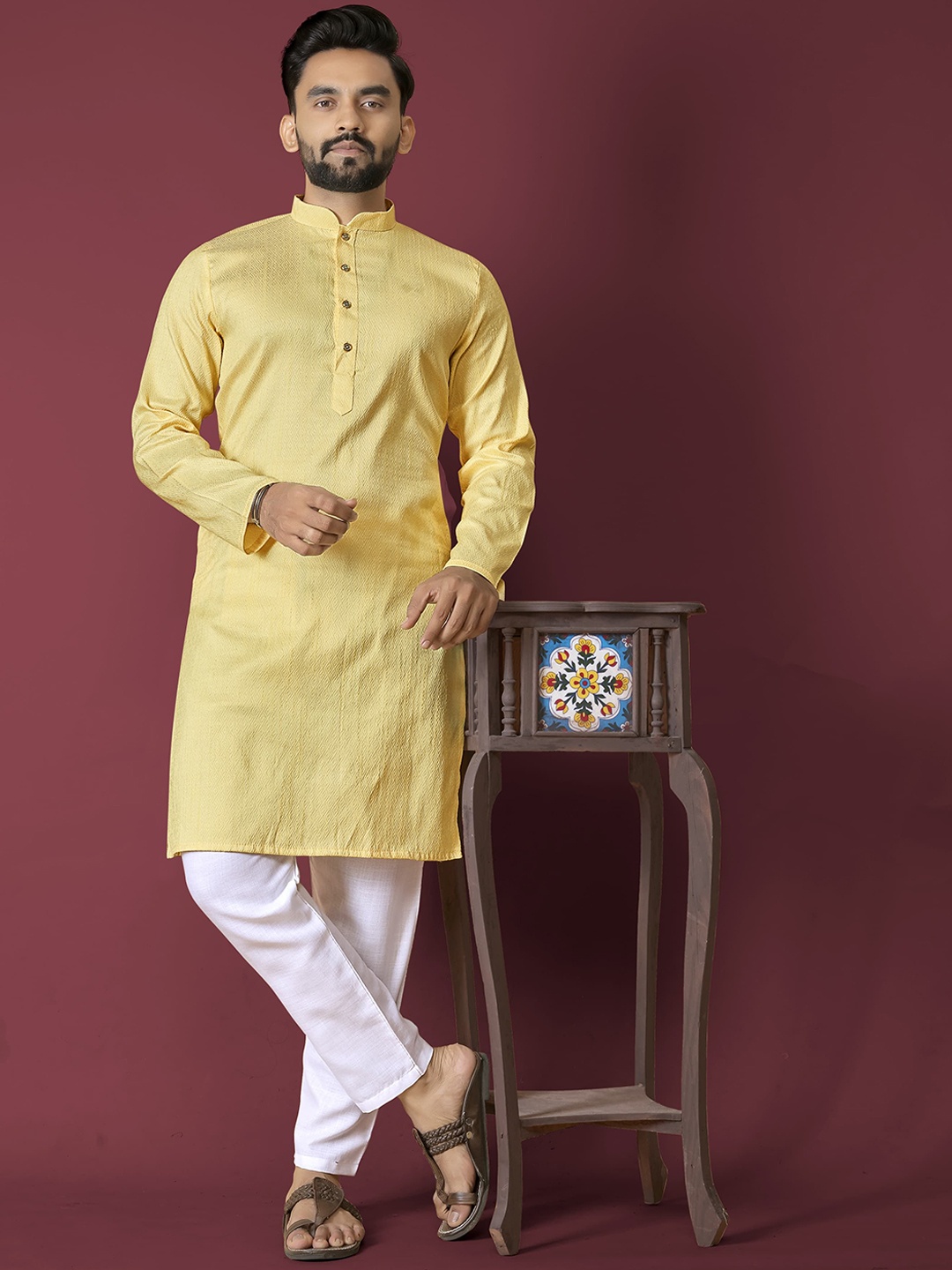 

Anaita Geometric Woven Design Mandarin Collar Regular Jacquard Straight Kurta, Yellow