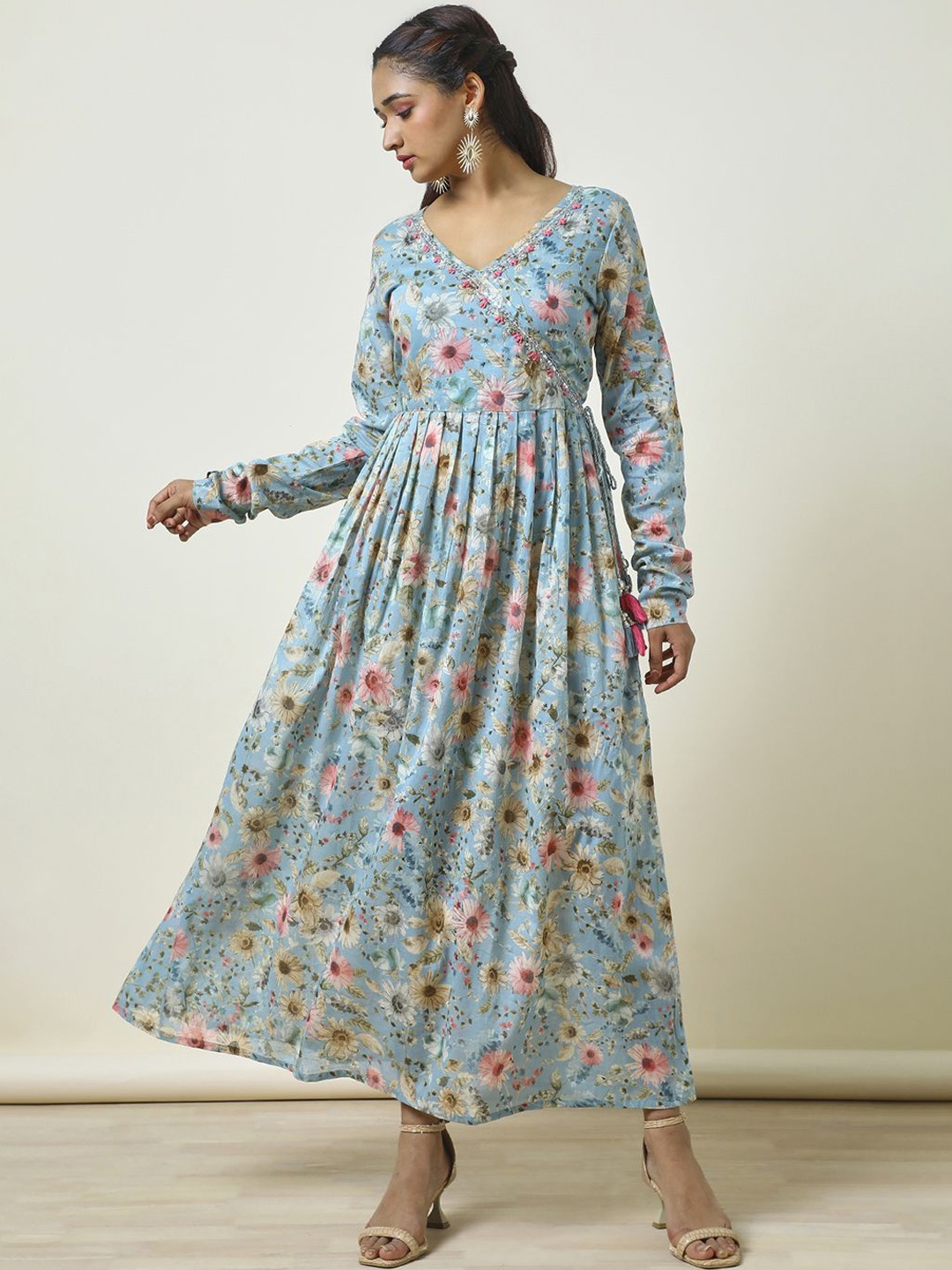 

Soch Women Floral Printed Cotton Maxi Ethnic Dress, Blue