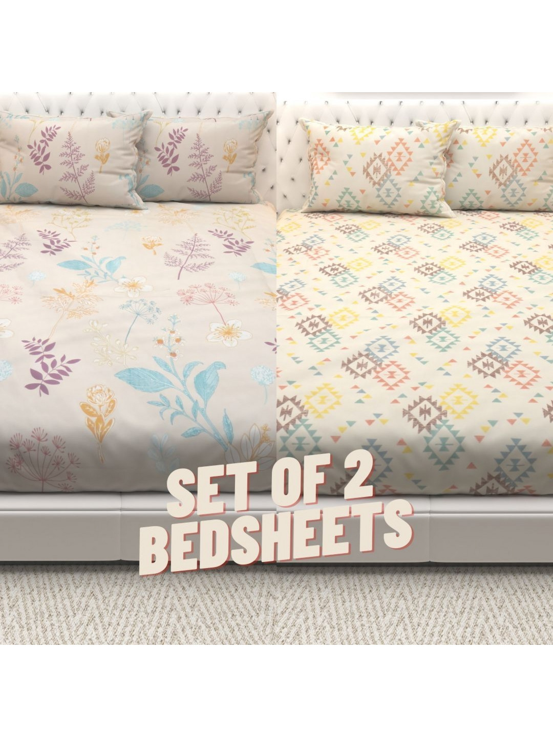 

Athom Living Beige & Blue Geometric 210 TC Queen Bedsheet with 2 Pillow Covers