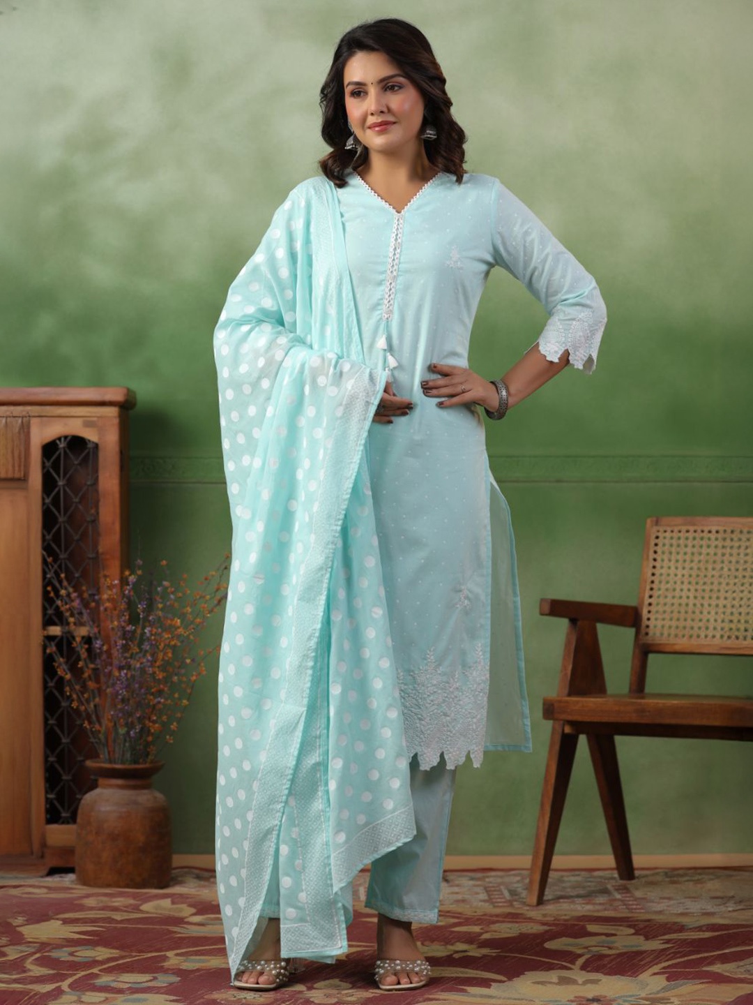 

Kiana House Of Fashion Embroidered Thread Work Pure Cotton Kurta with Trousers & Dupatta, Turquoise blue