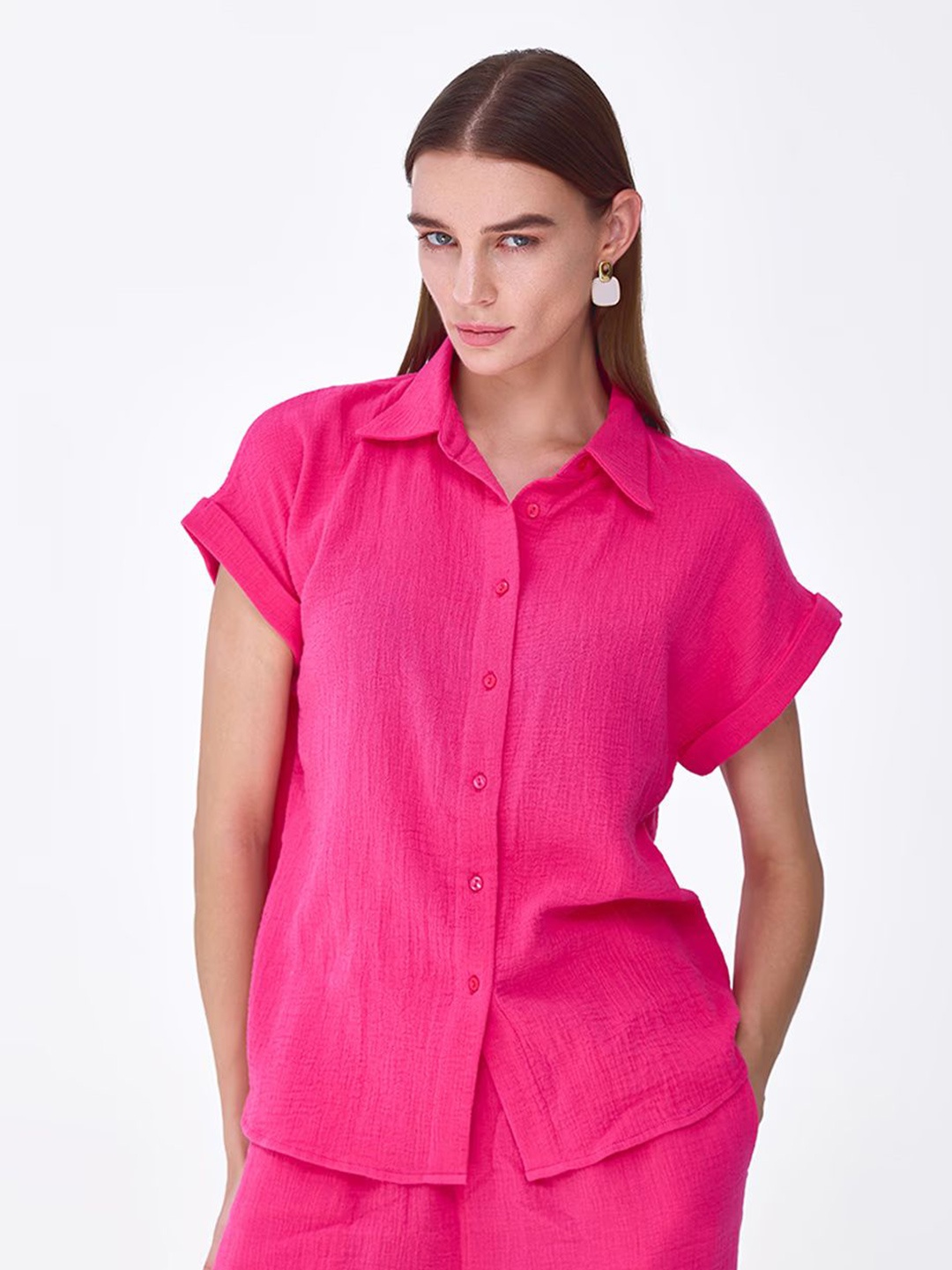 

COVER STORY Women Spread Collar Solid Cotton Casual Shirt, Pink