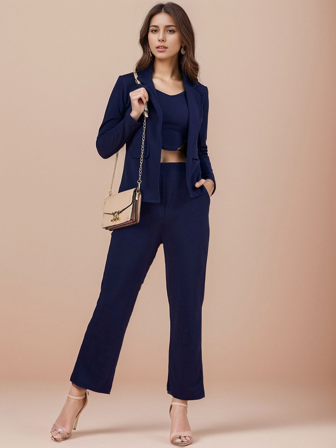 

DressBerry Basics Blue Shirt Collar Top & Blazer With Trouser