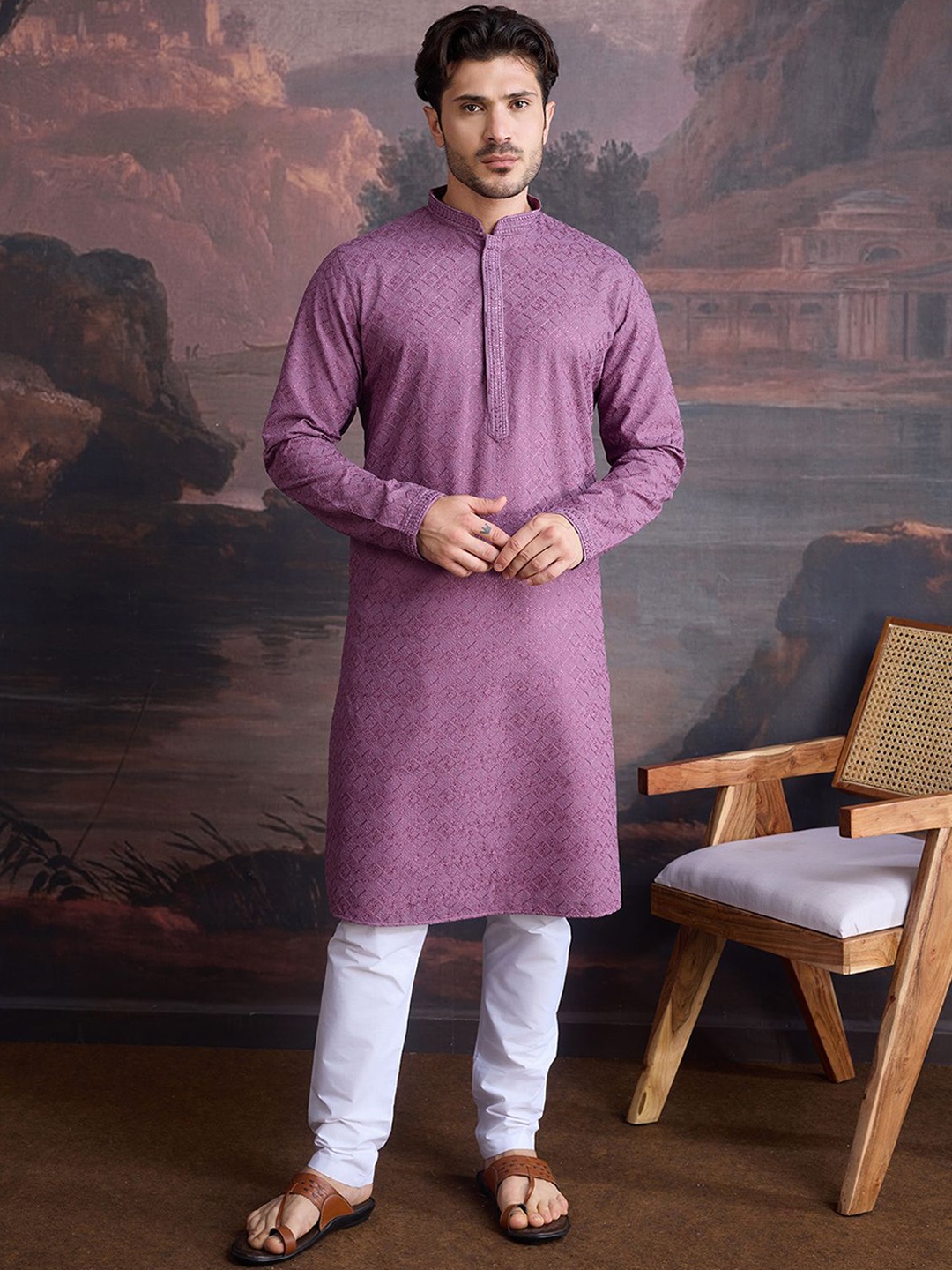 

House of Pataudi Geometric Embroidered Chikankari & Sequinned Cotton Straight Kurta, Purple