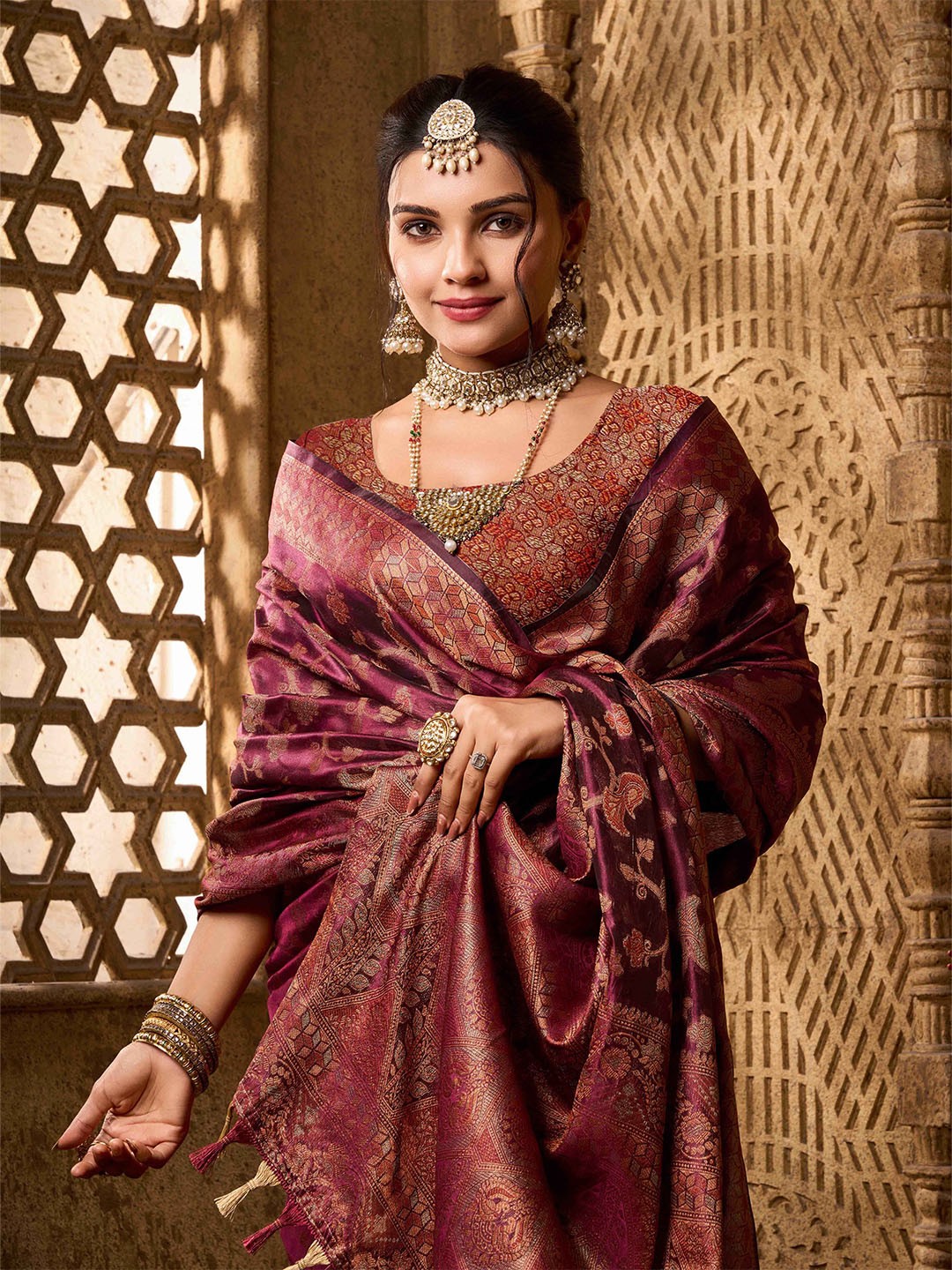 

KIMISHA Woven Design Zari Organza Banarasi Saree, Purple