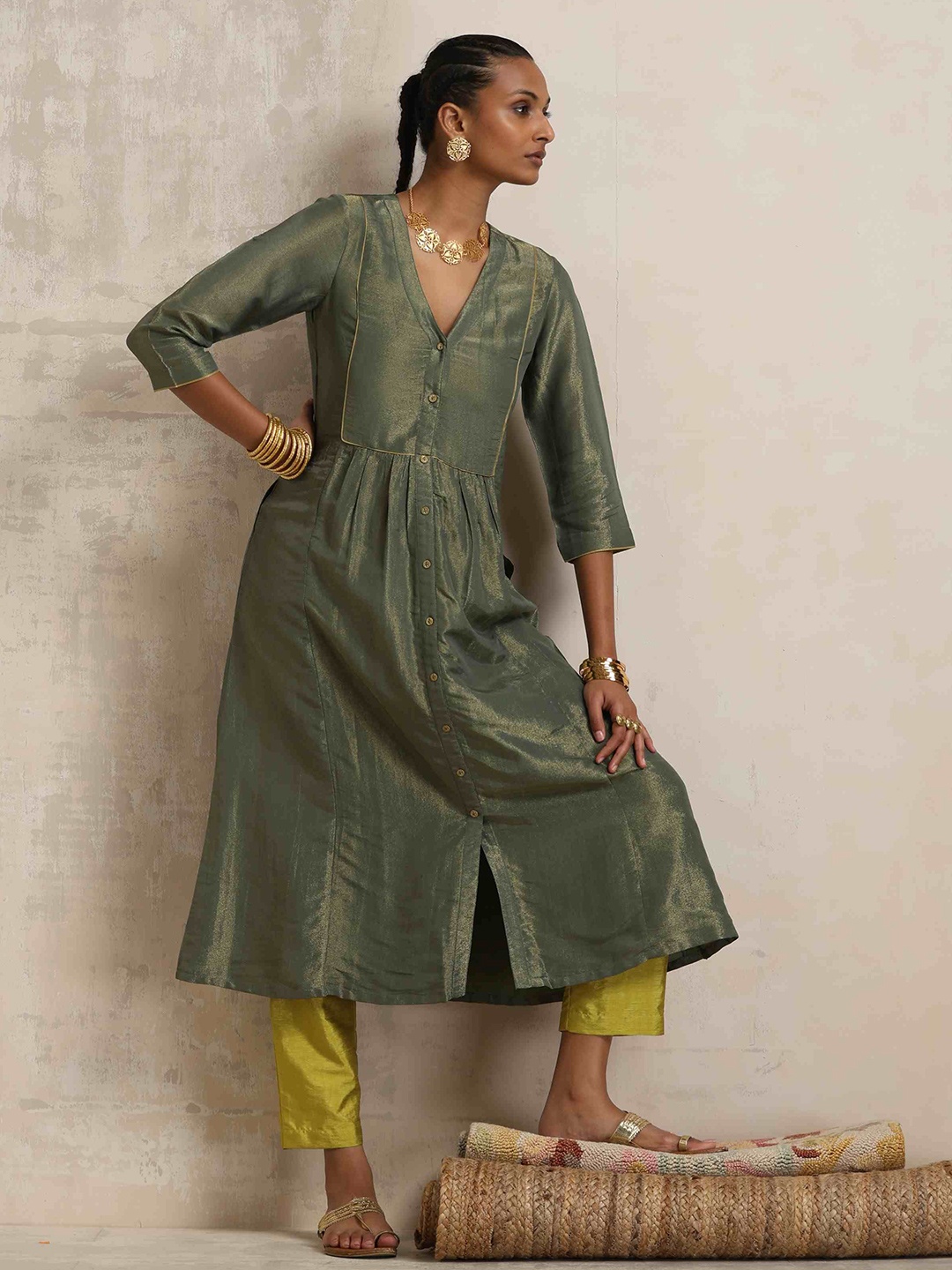 

trueBrowns Olive green Tissue A-line Kurta Set