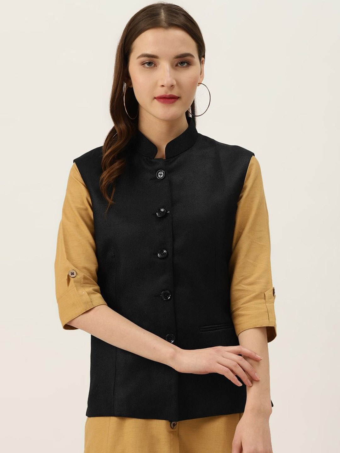 

KALINI Woven Nehru Jacket, Black