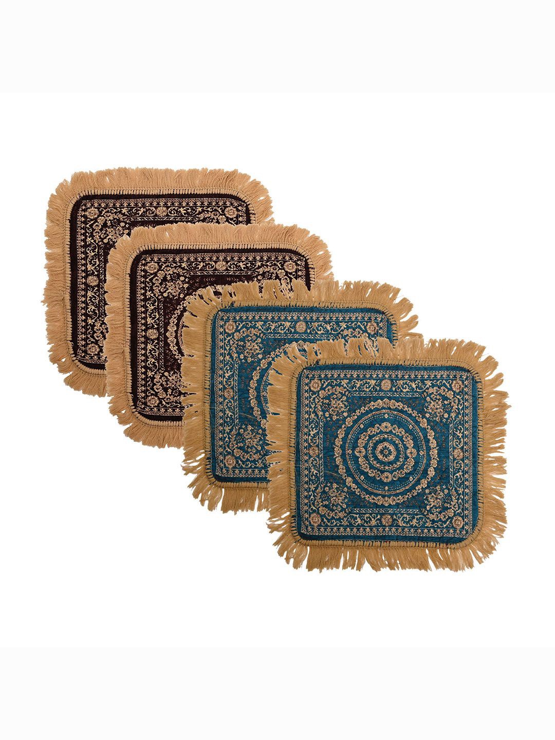 

Kuber Industries Brown & Blue 4 Pieces Printed Pooja Mats