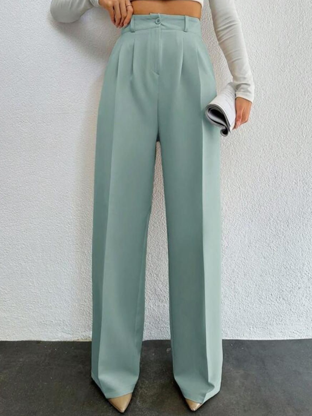 

Next One Women High-Rise Pleated Korean Trousers, Green