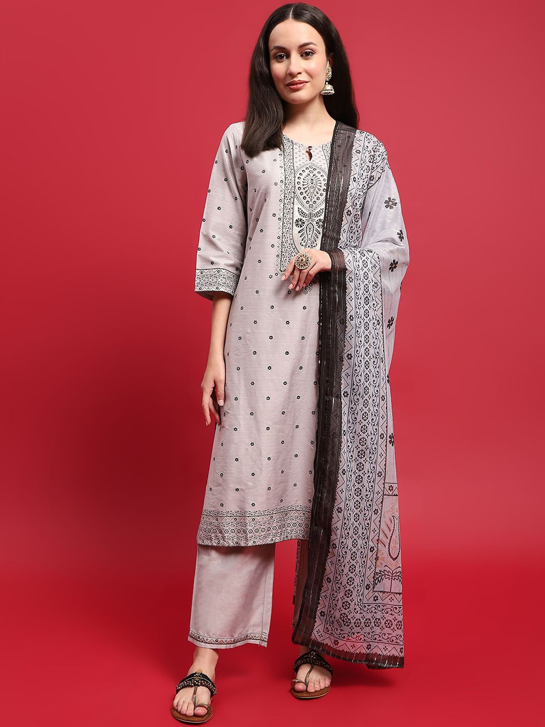 

Shree Ethnic Motifs Printed Straight Kurta with Trousers & With Dupatta, Grey