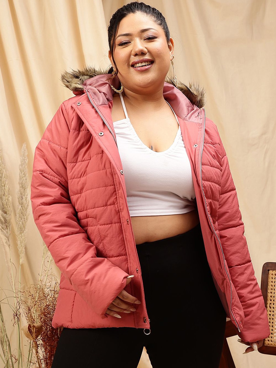 

CURVY STREET Women Plus Size Hooded Padded Jacket, Rust