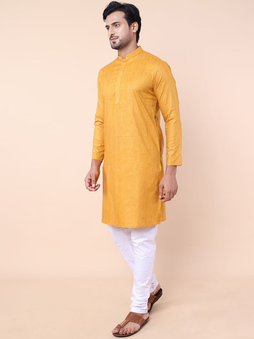 

NAMASKAR Striped Mandarin Collar Pure Cotton Straight Kurta, Yellow