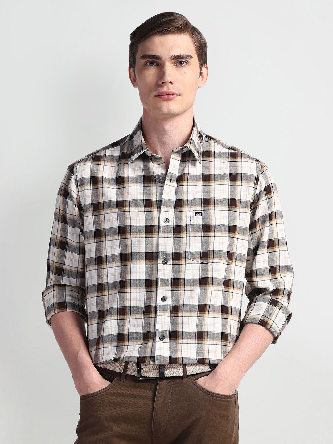 

Arrow Sport Men Slim Fit Tartan Checks Opaque Checked Formal Shirt, Brown