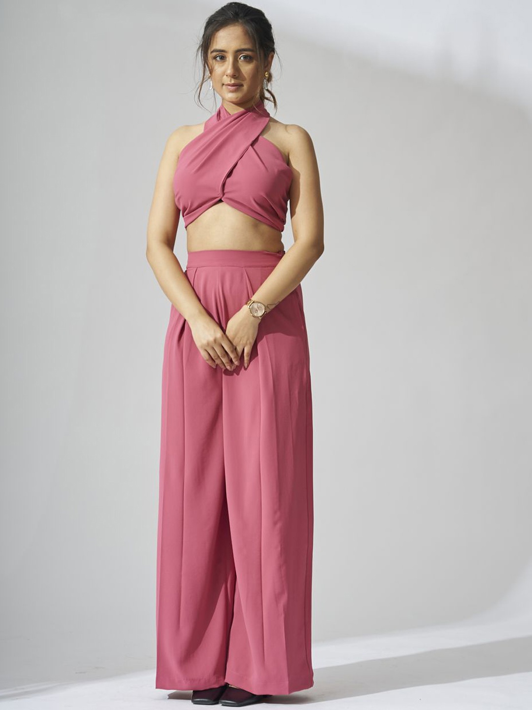 

Risate Halter Neck Crop Top With Trousers, Pink