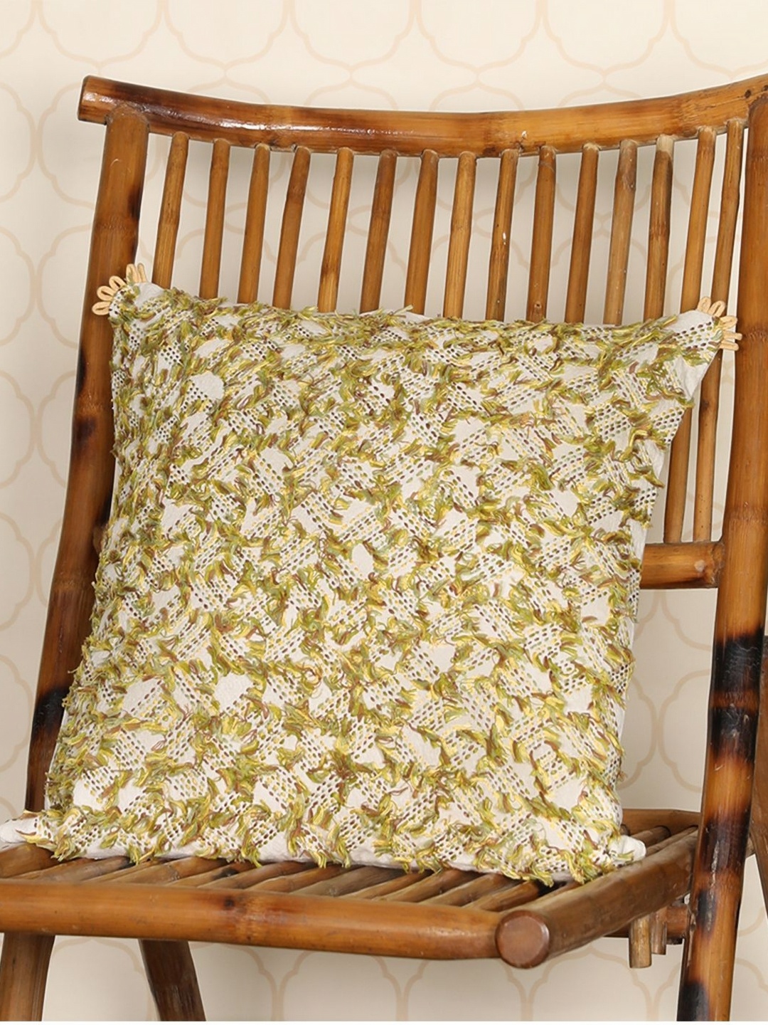 

ONSETHOMES Classic Beige and Green Geometric Embroidered Cotton Square Cushion Covers