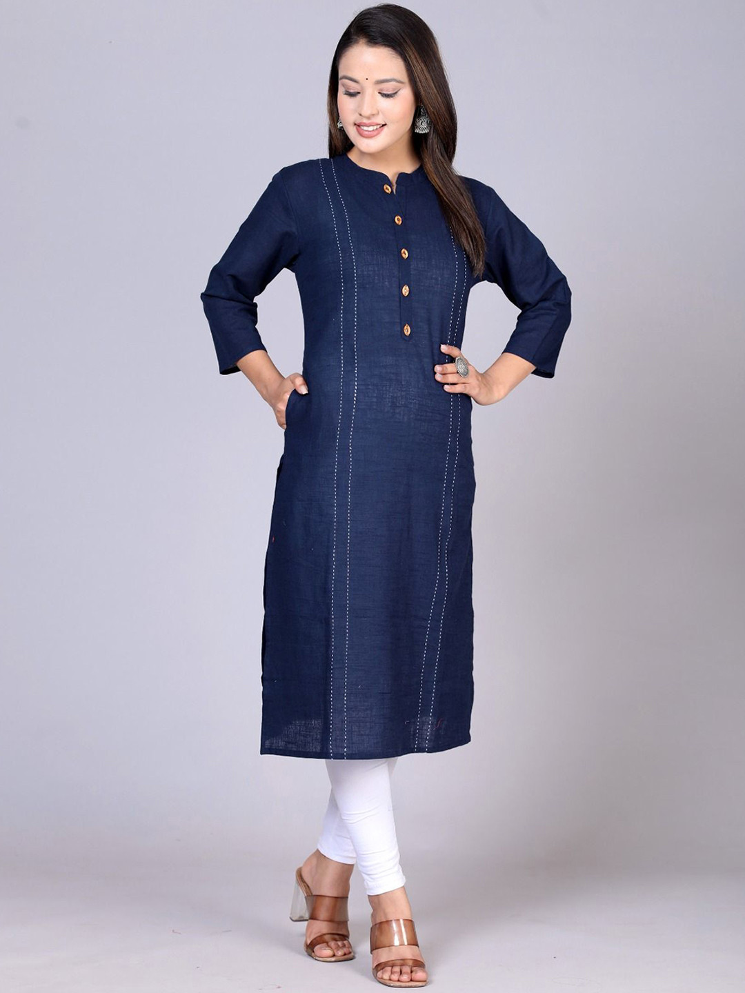 

ANTU KURTIES Mandarin Collar Neck Three-Quarter Sleeves Pure Cotton Straight Kurta, Blue