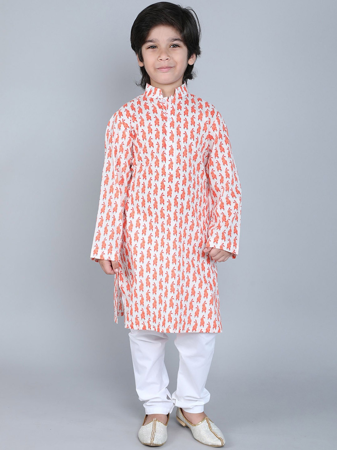 

Little Clothings Boys Geometric Printed Pure Cotton Straight Kurta with Churidar, Off white