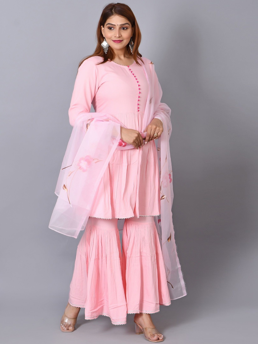 

Cloth Bites Round Neck Anarkali Kurta with Sharara & Dupatta, Pink