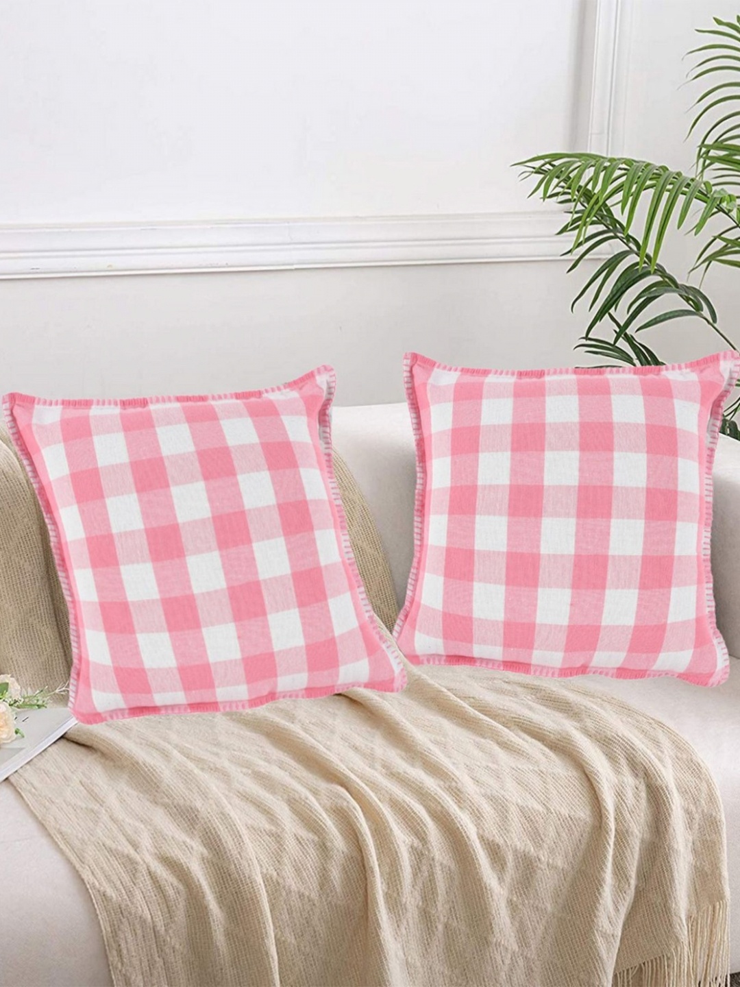 

Lushomes Pink & White 2 Pieces Checked Square Cushion Covers