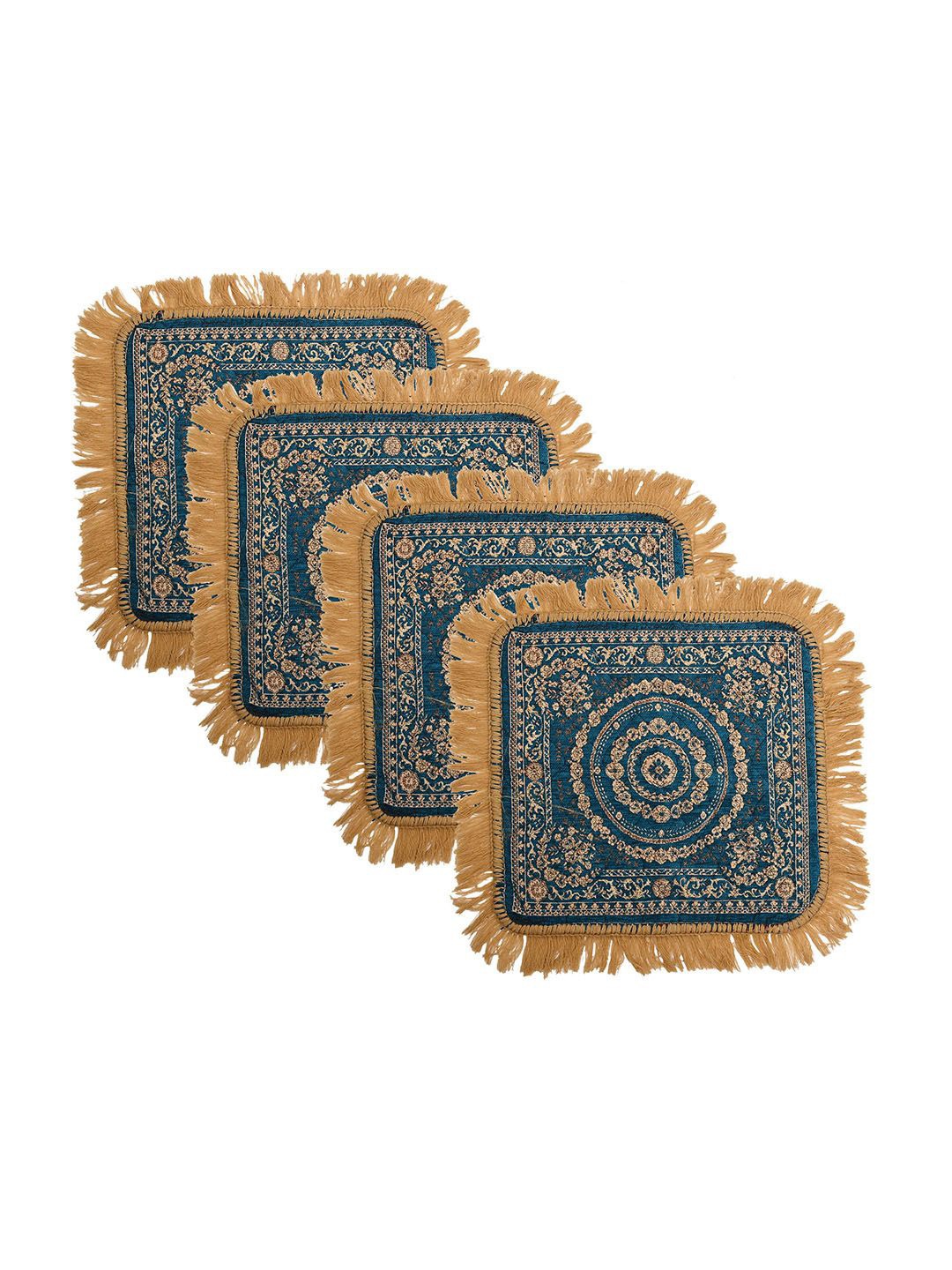 

Kuber Industries Blue & Beige 4 Pieces Printed Pooja Mats, Gold