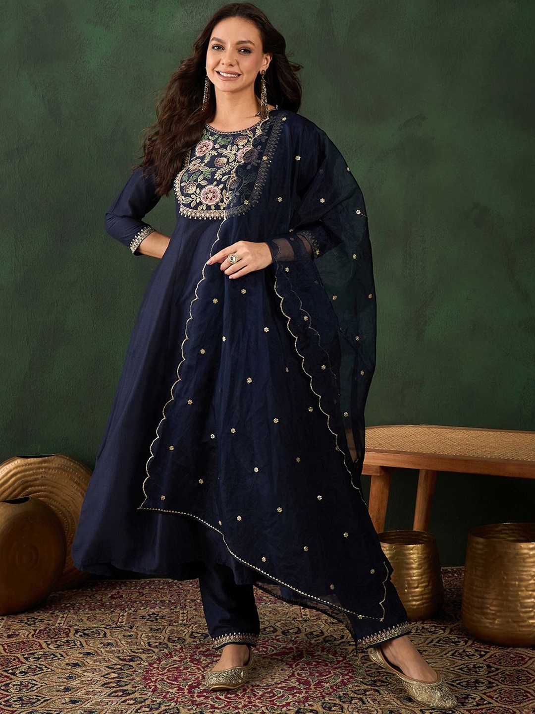 

Sangria Navy Blue Floral Yoke Design Sequinned A-Line Kurta With Trouser & Dupatta