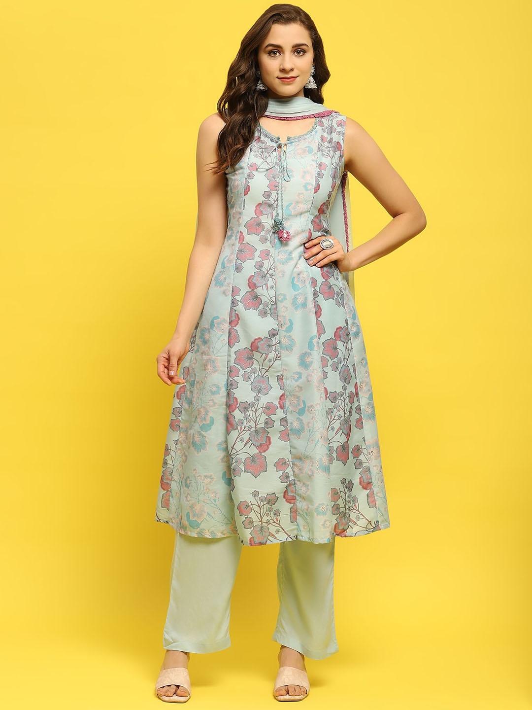 

Shree Floral Printed Thread Work Liva A-Line Kurta with Trousers & With Dupatta, Blue