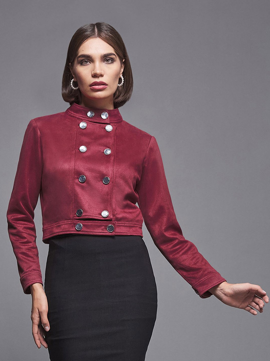 

BAESD Mandarin Collar Double Breasted Cropped Polyester Jacket, Red