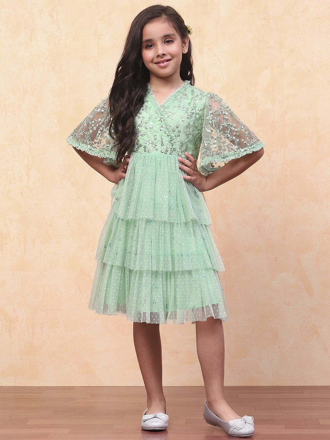 

Biba Self Design Solid Flared Sleeve Net Formal Fit & Flare Dress, Green