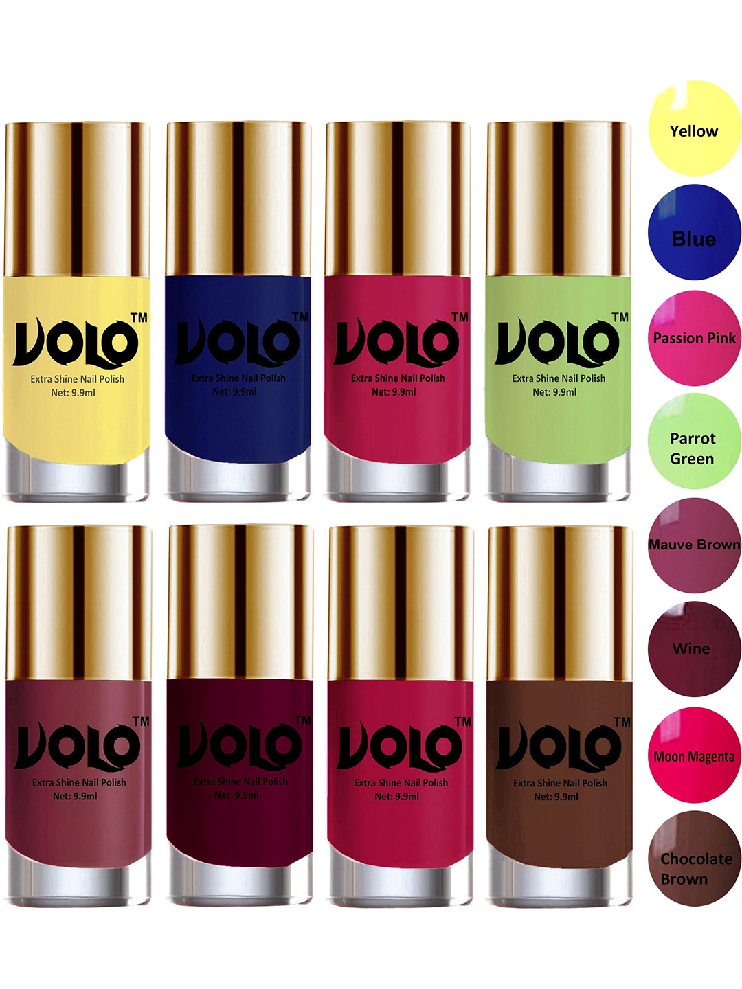 

VOLO Set Of 8 Extra Shine Nail Polish- 9.9ml Each- Combo-No-44, Multi