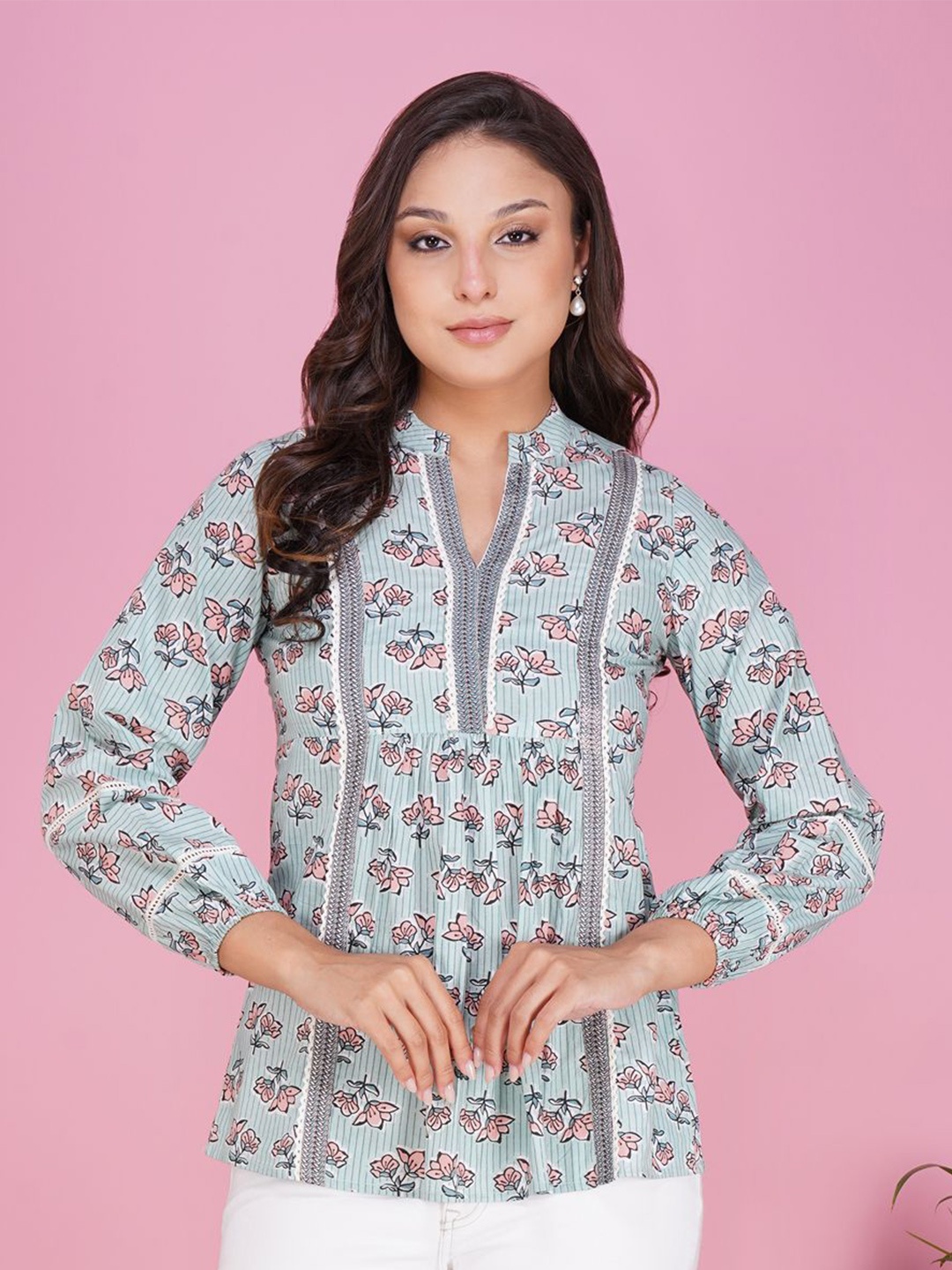 

METRO-FASHION Women Floral Printed Mandarin Collar Cotton Top, Blue