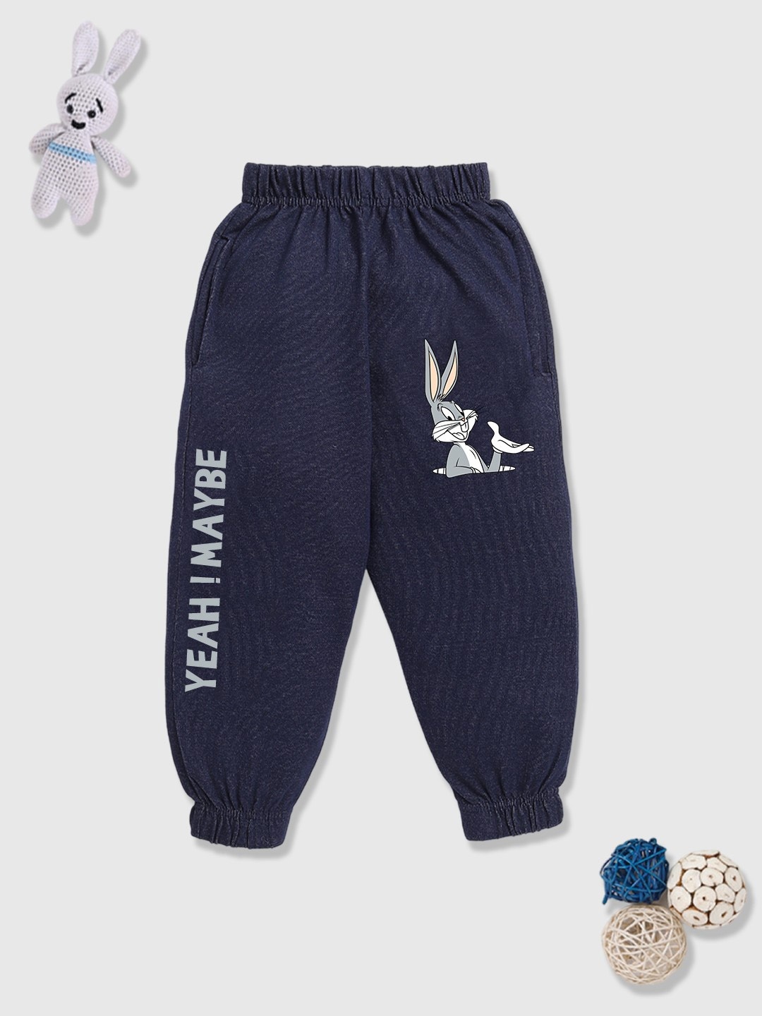 

YK X Minute Mirth Boys Bugs Bunny Printed Cotton Joggers, Navy blue