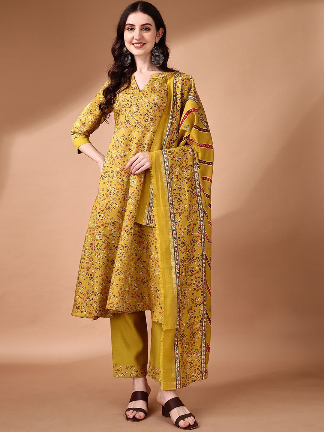 

KALINI Ethnic Motifs Printed Anarkali Kurta With Palazzos & Dupatta, Yellow