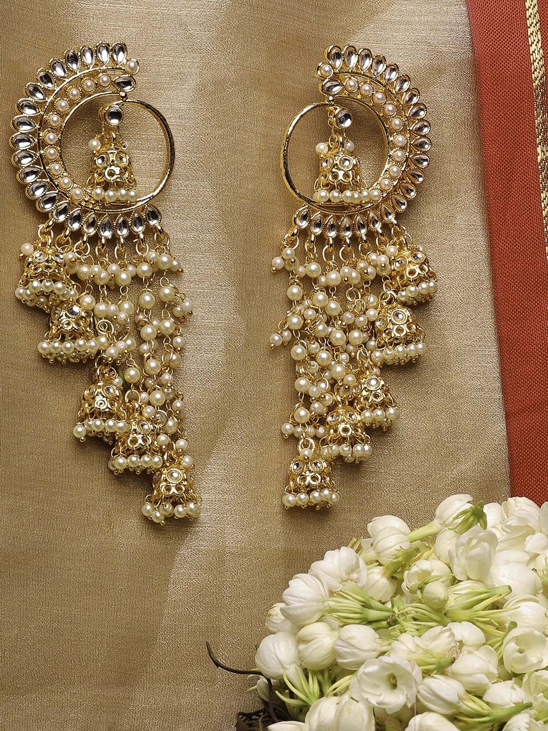 

Mirraw Stones Studded & Pearls Drop Earrings, Gold